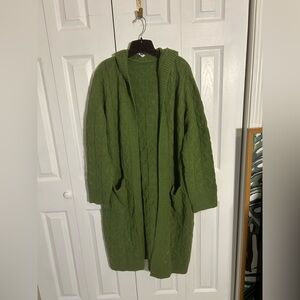Drop Shoulder Green Cable Knit Long Sleeved Hooded Cardigan with Pockets Size 4X